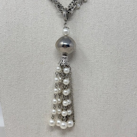 Vintage‎ Tassel Necklace Faux Pearl Silver-Tone Multi-Strand Chains Classic - Picture 2 of 8